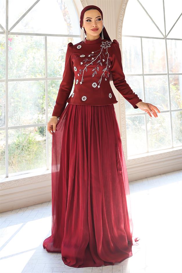 Önü Taş İşlemeli Saten Yoryo İpek Kombinli Tesettür Abiye Elbise BORDO 1055
