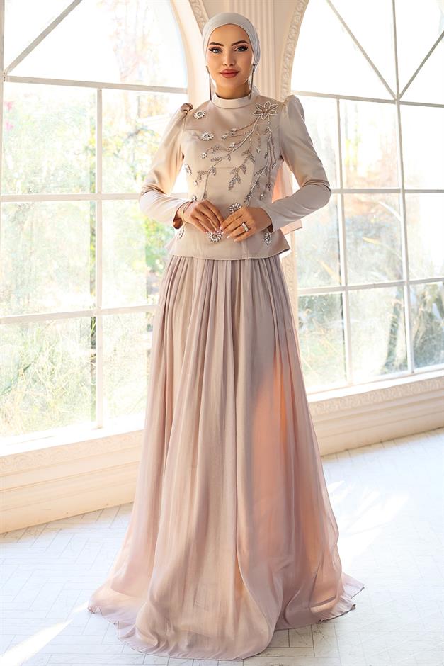 Önü Taş İşlemeli Saten Yoryo İpek Kombinli Tesettür Abiye Elbise TAŞ 1055
