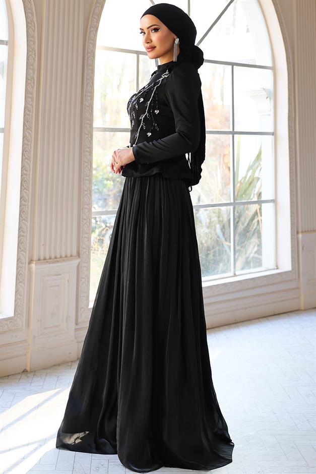 Önü Taş İşlemeli Saten Yoryo İpek Kombinli Tesettür Abiye Elbise SİYAH 1055