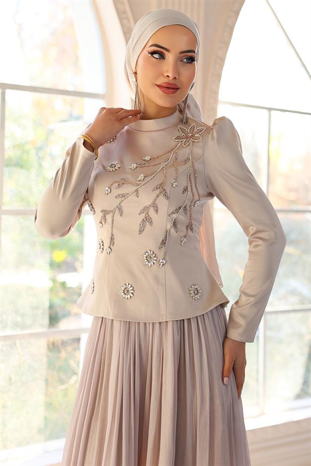 Önü Taş İşlemeli Saten Yoryo İpek Kombinli Tesettür Abiye Elbise TAŞ 1055