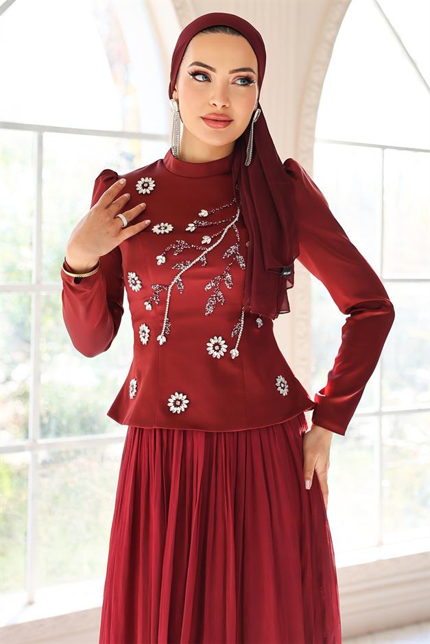 Önü Taş İşlemeli Saten Yoryo İpek Kombinli Tesettür Abiye Elbise BORDO 1055
