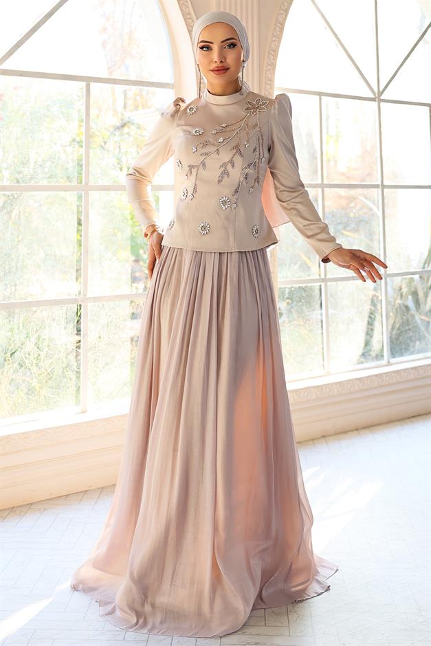 Önü Taş İşlemeli Saten Yoryo İpek Kombinli Tesettür Abiye Elbise TAŞ 1055