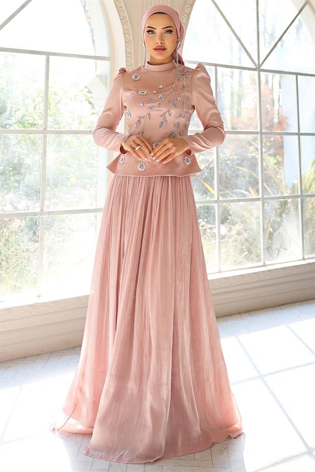 Önü Taş İşlemeli Saten Yoryo İpek Kombinli Tesettür Abiye Elbise PUDRA 1055