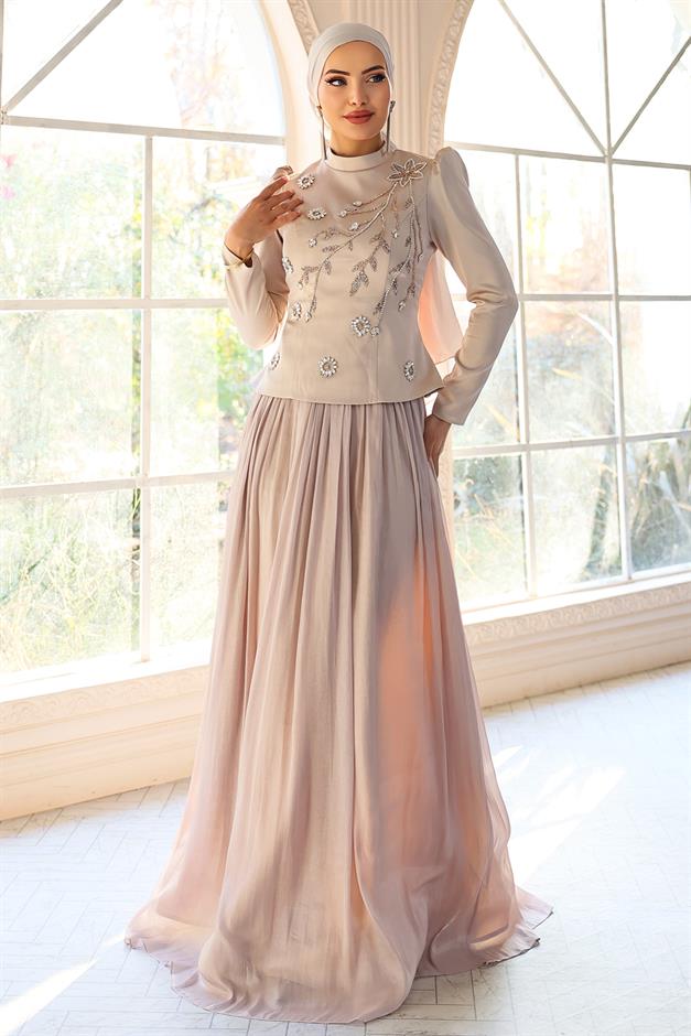 Önü Taş İşlemeli Saten Yoryo İpek Kombinli Tesettür Abiye Elbise TAŞ 1055