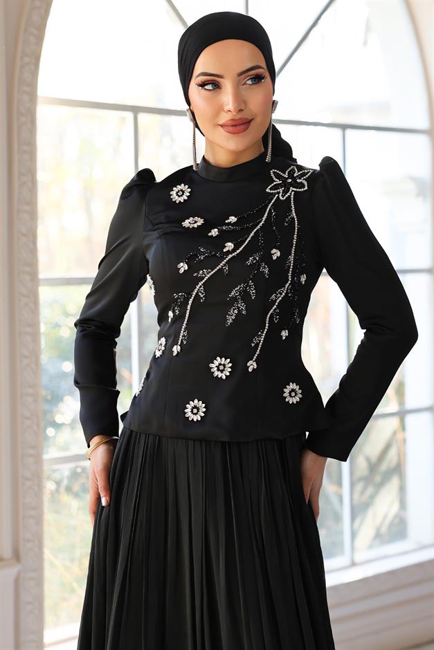 Önü Taş İşlemeli Saten Yoryo İpek Kombinli Tesettür Abiye Elbise SİYAH 1055