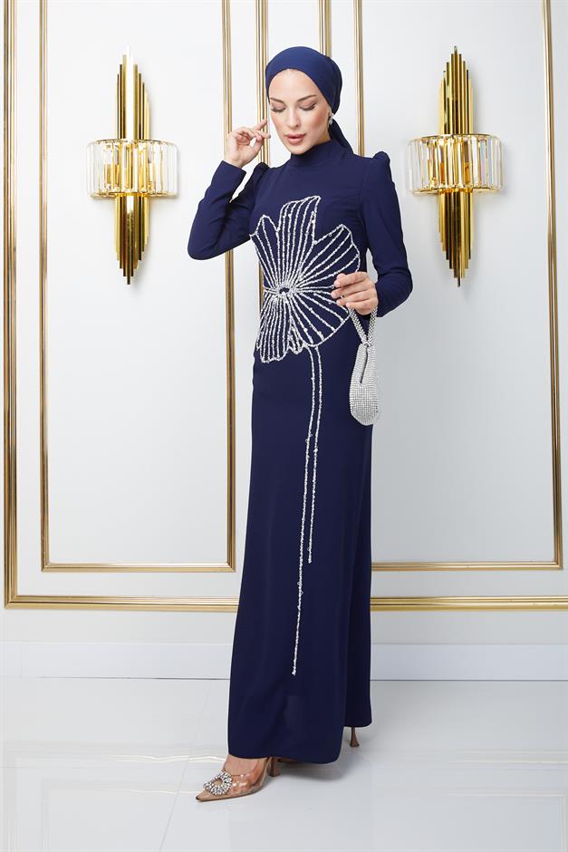 فستان سهرة من الكريب للحجاب بنقشة حجر وترتر على الجهة الأمامية الأزرق الداكن 1672