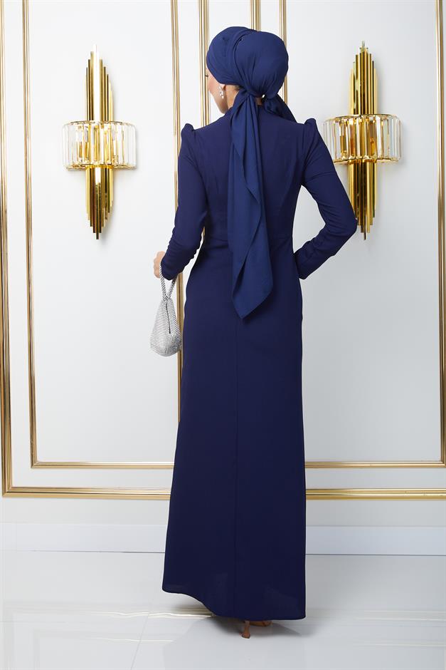 فستان سهرة من الكريب للحجاب بنقشة حجر وترتر على الجهة الأمامية الأزرق الداكن 1672