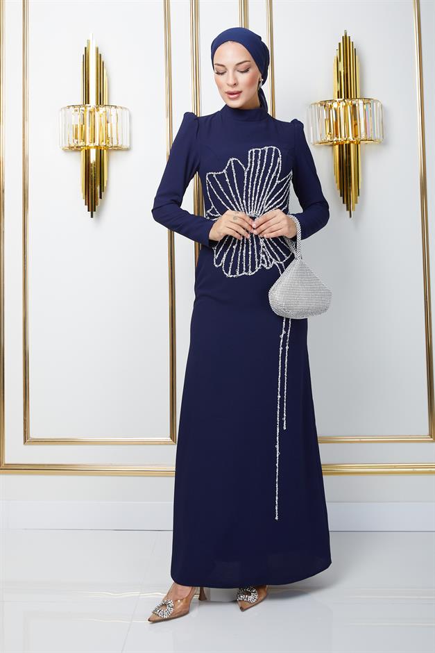 فستان سهرة من الكريب للحجاب بنقشة حجر وترتر على الجهة الأمامية الأزرق الداكن 1672