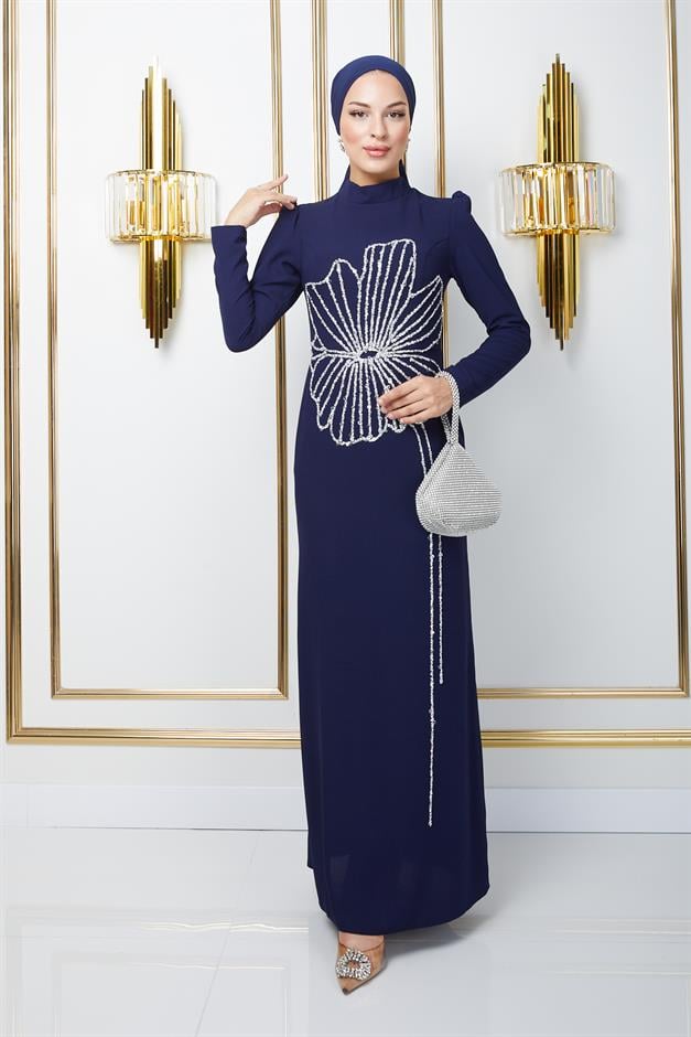 فستان سهرة من الكريب للحجاب بنقشة حجر وترتر على الجهة الأمامية الأزرق الداكن 1672