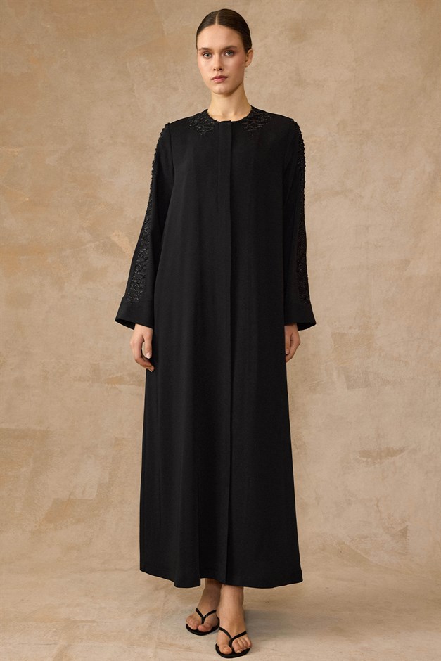 Önü ve Kolları Dantel Şifon Detaylı Ferace SİYAH 6847