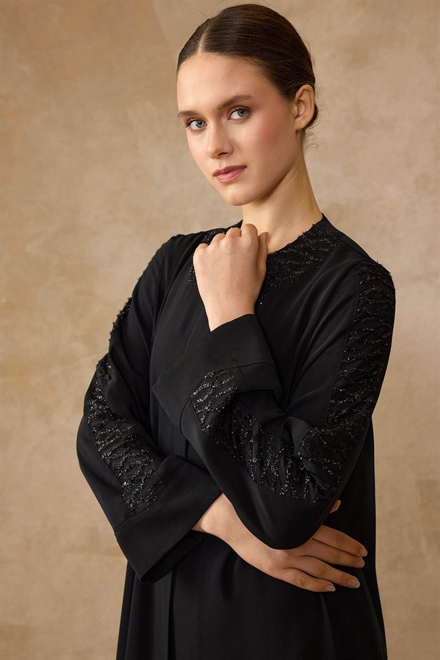 Önü ve Kolları Dantel Şifon Detaylı Ferace SİYAH 6847