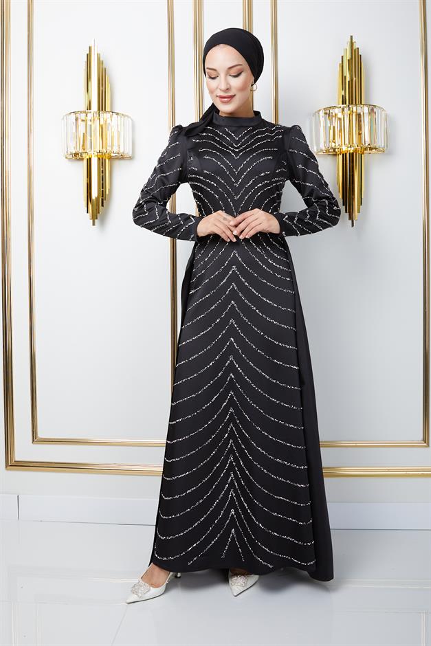فستان سهرة ساتان محجبات مع أحجار في الأمام والأكمام وتنورة كيب أسود 1674