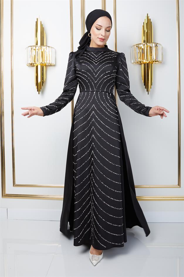 فستان سهرة ساتان محجبات مع أحجار في الأمام والأكمام وتنورة كيب أسود 1674