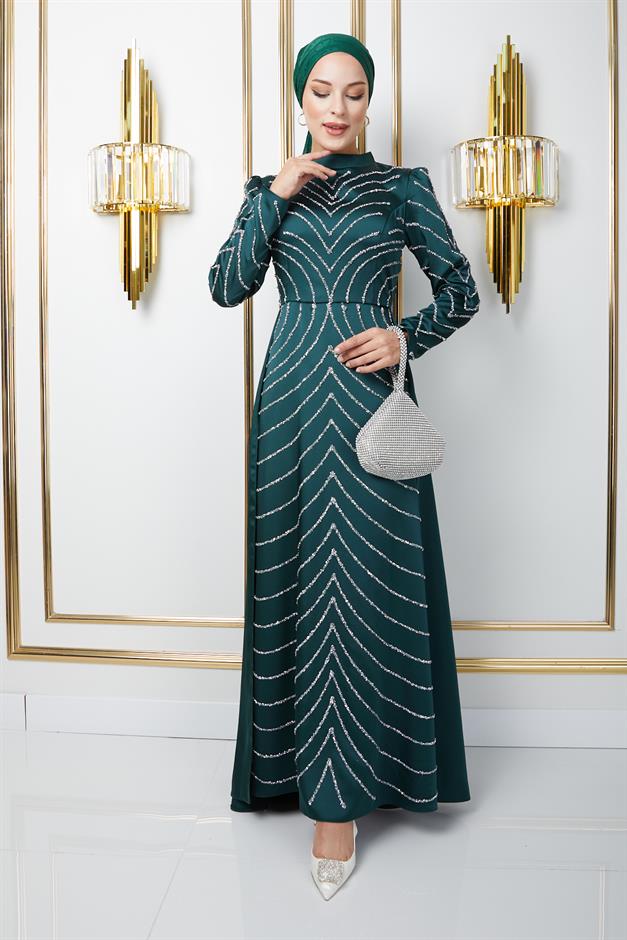 فستان سهرة ساتان محجبات مع أحجار في الأمام والأكمام وتنورة كيب أخضر 1674
