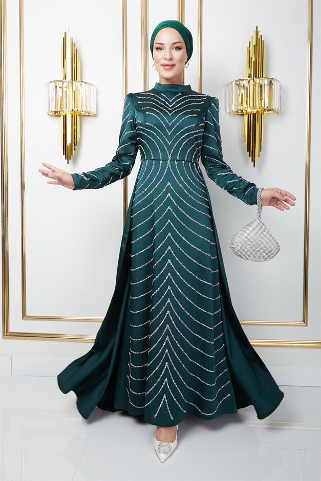فستان سهرة ساتان محجبات مع أحجار في الأمام والأكمام وتنورة كيب أخضر 1674