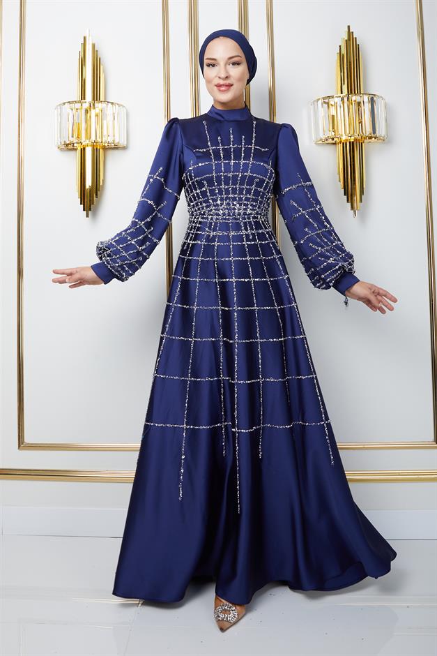 فستان سهرة ساتان واسع مع حجاب بأحجار وترتر في الأمام والأكمام الأزرق الداكن 1675