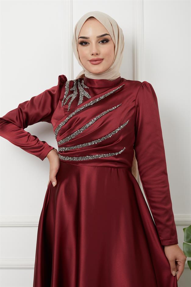 Satin Evening Dress with Flounce and Stone Detail on the Front CLARET RED 1596