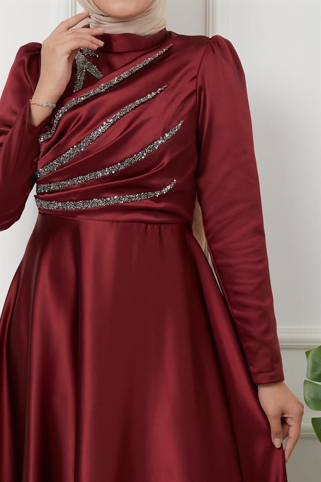 Satin Evening Dress with Flounce and Stone Detail on the Front CLARET RED 1596