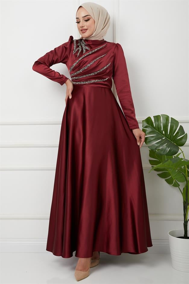 Satin Evening Dress with Flounce and Stone Detail on the Front CLARET RED 1596