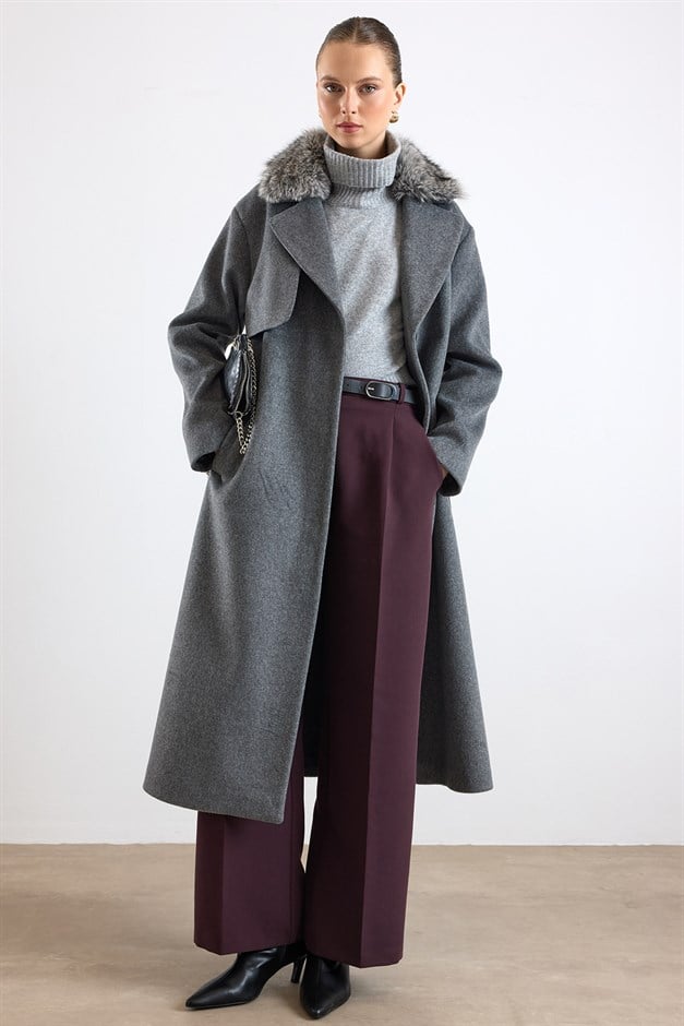 Oversize Çıkabilen Kürklü Düşük Kol  Kaban KOYU GRİ 3178