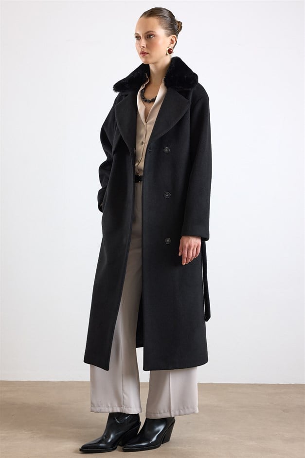 Oversize Çıkabilen Kürklü Düşük Kol  Kaban SİYAH 3178