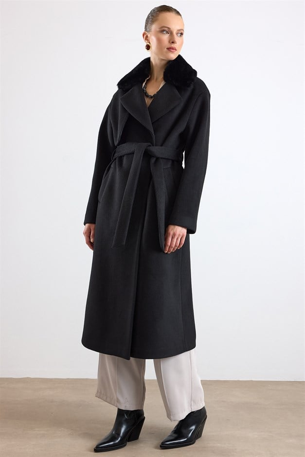 Oversize Çıkabilen Kürklü Düşük Kol  Kaban SİYAH 3178
