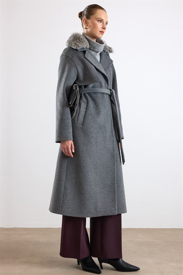 Oversize Çıkabilen Kürklü Düşük Kol  Kaban KOYU GRİ 3178