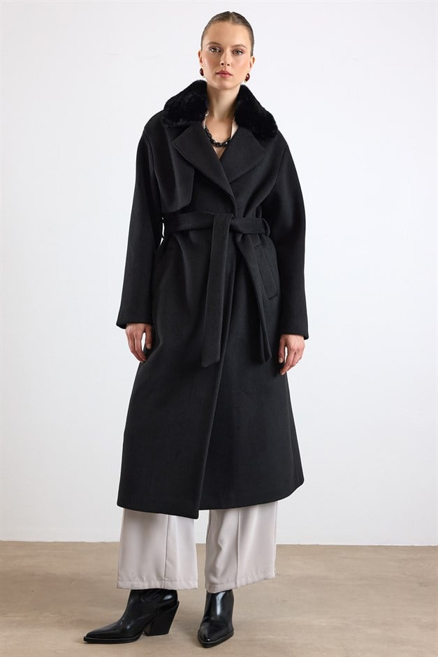 Oversize Çıkabilen Kürklü Düşük Kol  Kaban SİYAH 3178