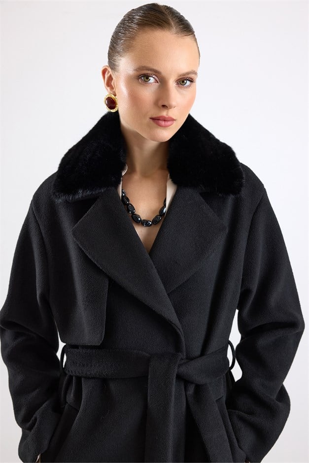 Oversize Çıkabilen Kürklü Düşük Kol  Kaban SİYAH 3178