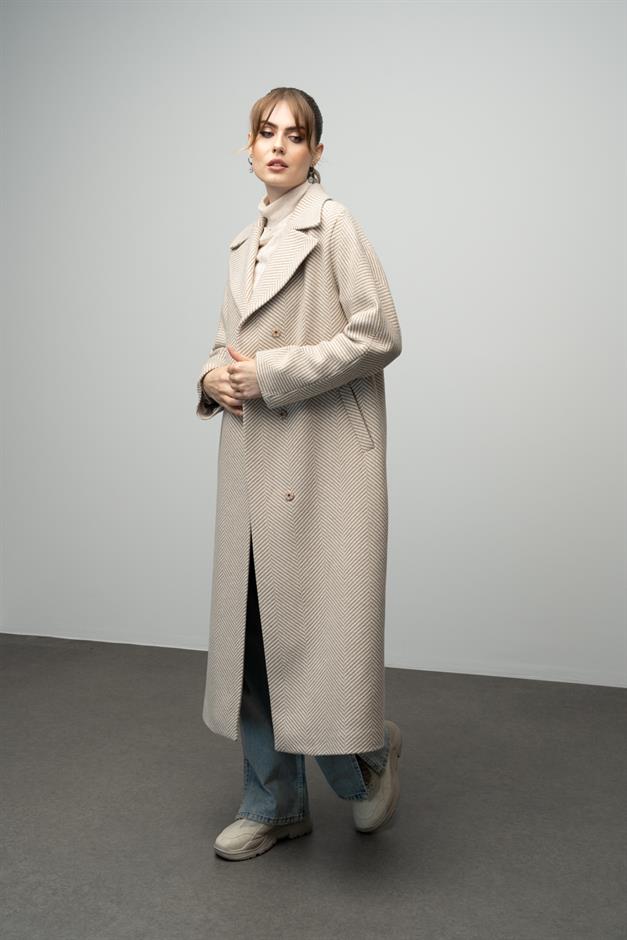 Oversize Snap Closure Herringbone Pattern Mid-Length Coat IVORY 3035