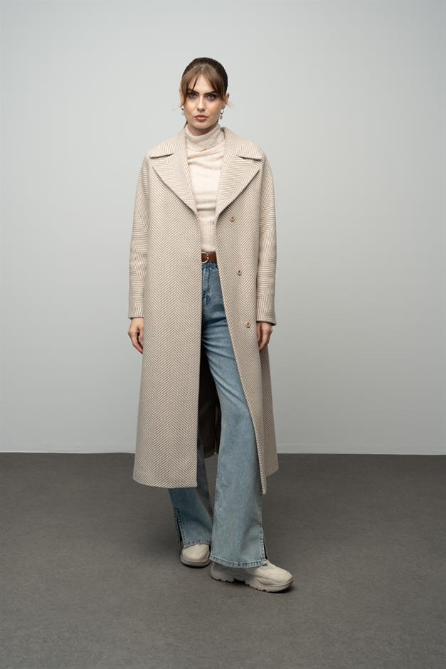 Oversize Snap Closure Herringbone Pattern Mid-Length Coat IVORY 3035