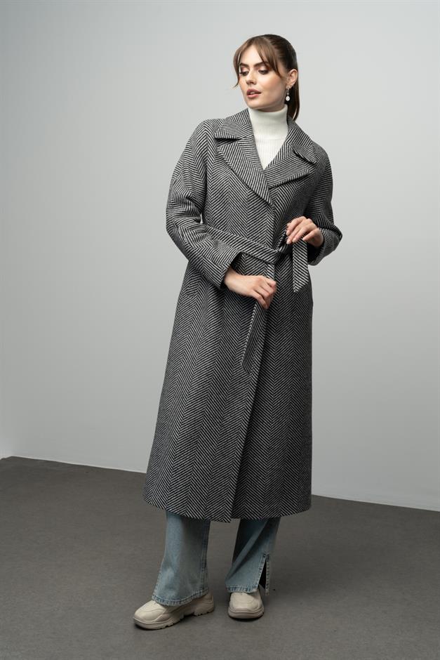 Oversize Snap Closure Herringbone Pattern Mid-Length Coat BLACK 3035