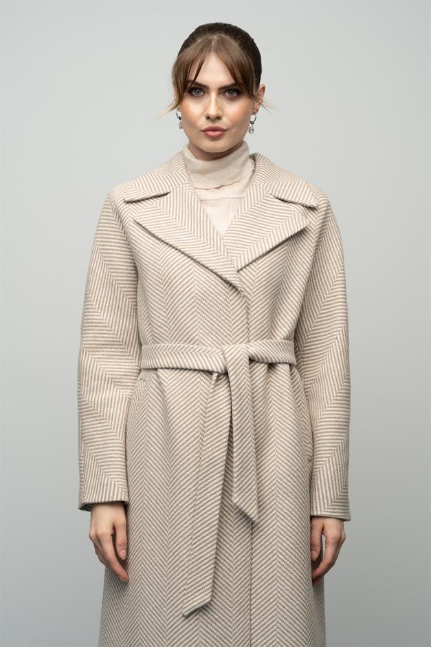 Oversize Snap Closure Herringbone Pattern Mid-Length Coat IVORY 3035