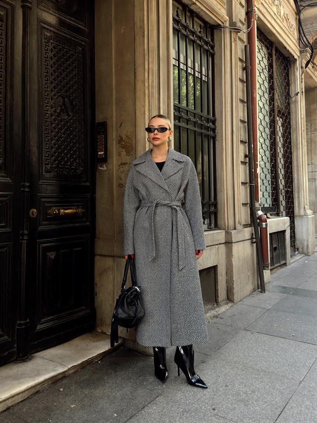 Oversize Snap Closure Herringbone Pattern Mid-Length Coat BLACK 3035