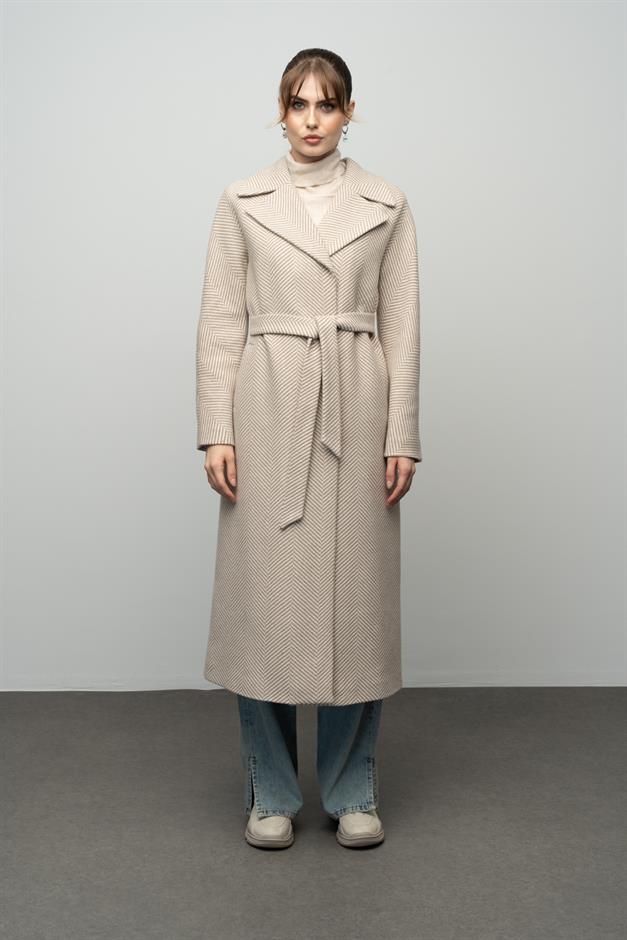 Oversize Snap Closure Herringbone Pattern Mid-Length Coat IVORY 3035