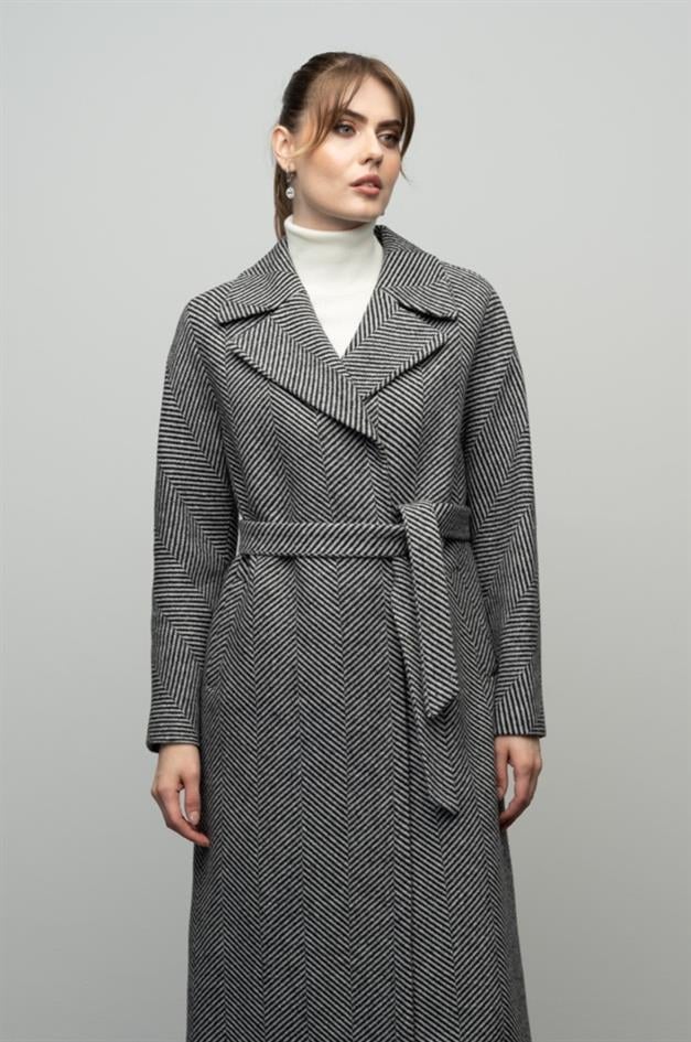 Oversize Snap Closure Herringbone Pattern Mid-Length Coat BLACK 3035