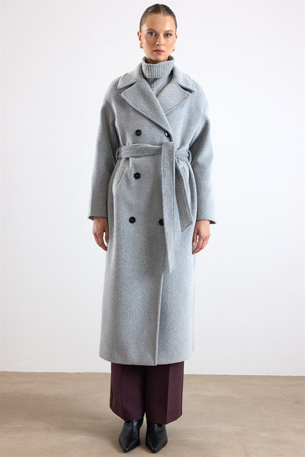 Oversize Düşük Kol Kruvaze Kaban AÇIK GRİ 3173