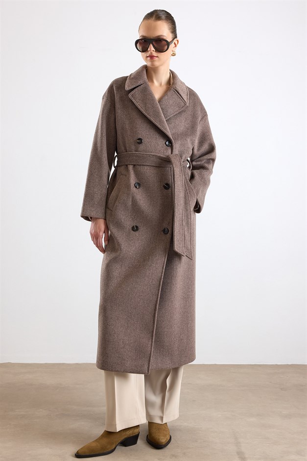 Oversize Düşük Kol Kruvaze Kaban LATTE 3173