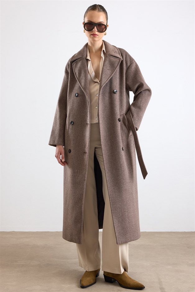 Oversize Düşük Kol Kruvaze Kaban LATTE 3173