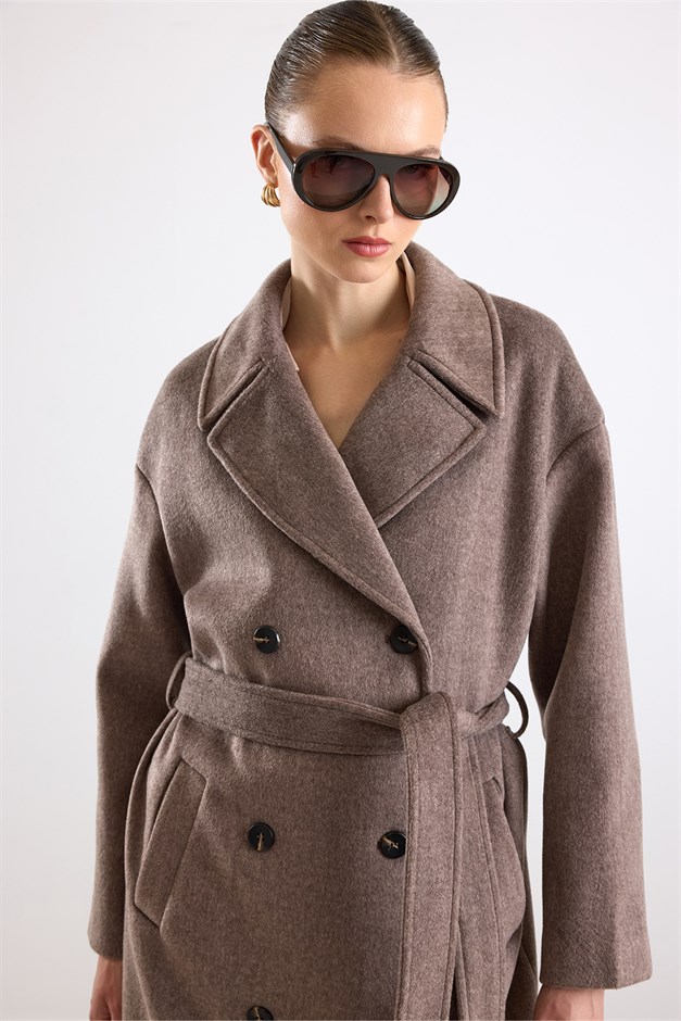 Oversize Düşük Kol Kruvaze Kaban LATTE 3173