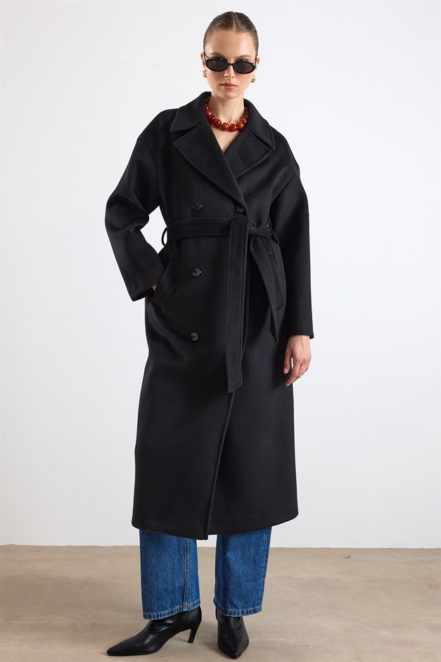 Oversize Düşük Kol Kruvaze Kaban SİYAH 3173