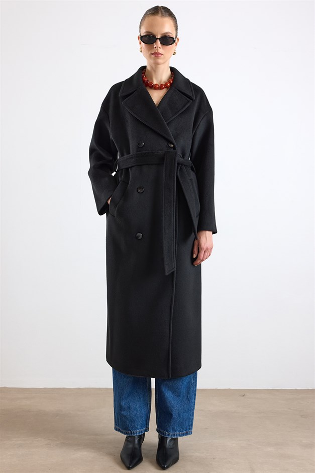 Oversize Düşük Kol Kruvaze Kaban SİYAH 3173