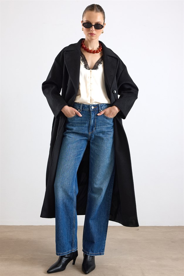 Oversize Düşük Kol Kruvaze Kaban SİYAH 3173