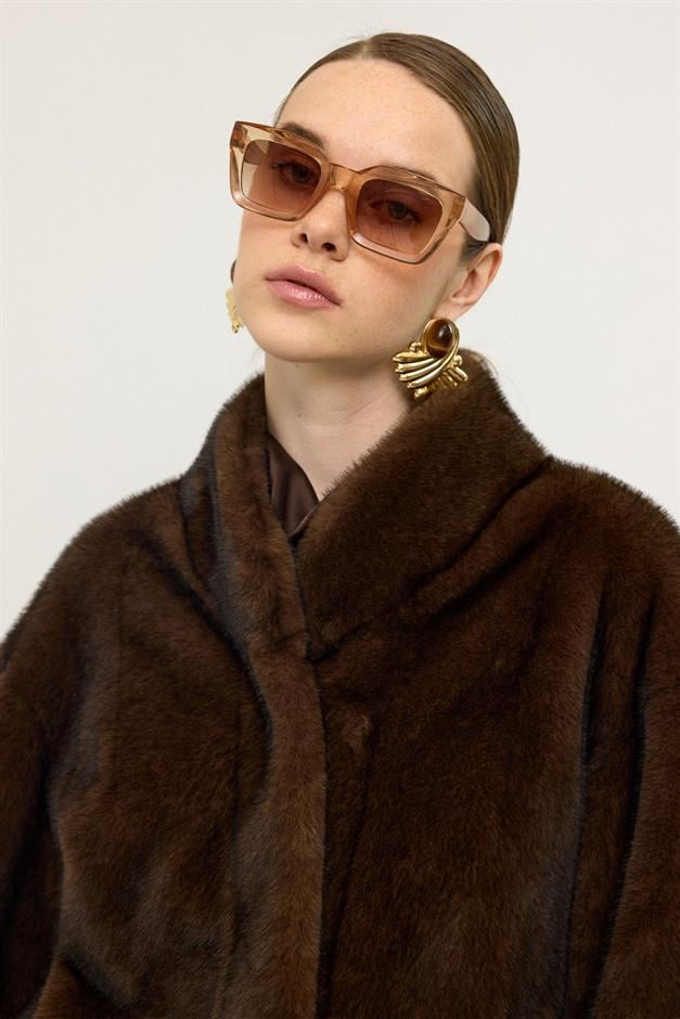 جاكيت طويل حصري بمظهر الفرو كبير الحجم القهوة السوداء 1007