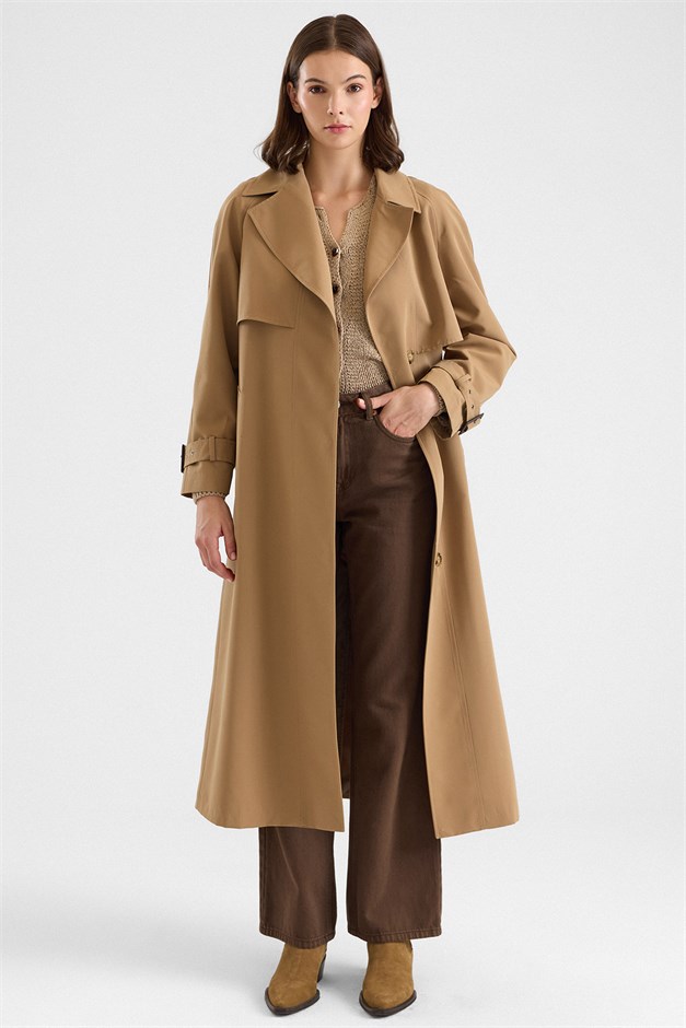 Oversize Pelerin ve Kemer Detaylı Su İtici Özellikli Trençkot KAMEL 6896