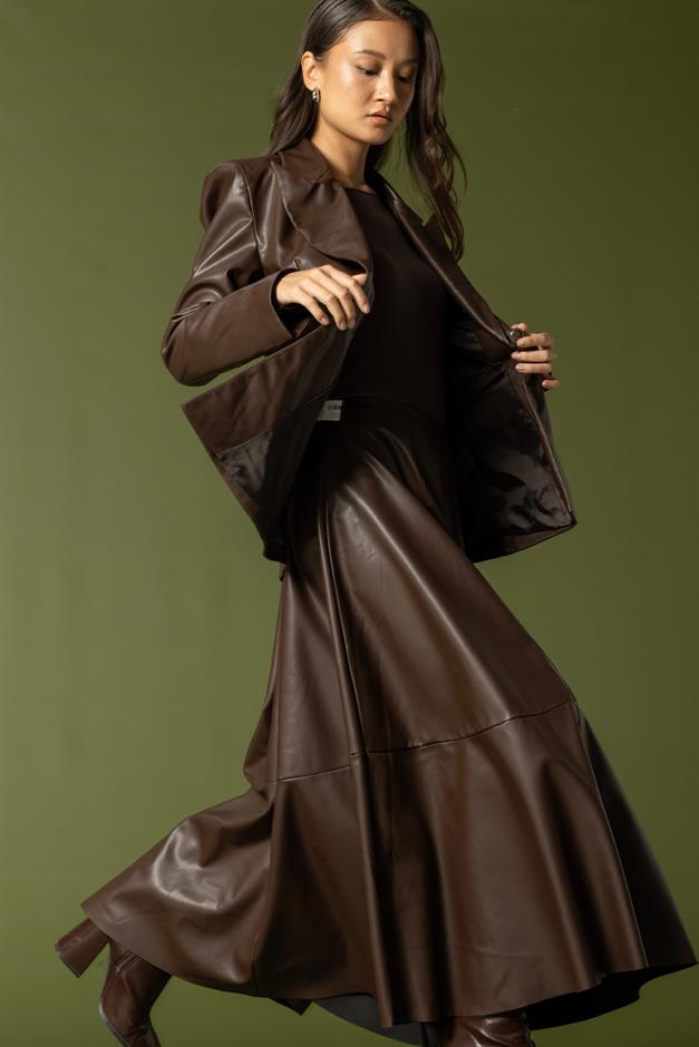 Parçalı Kloş Deri Etek KAHVE 7065