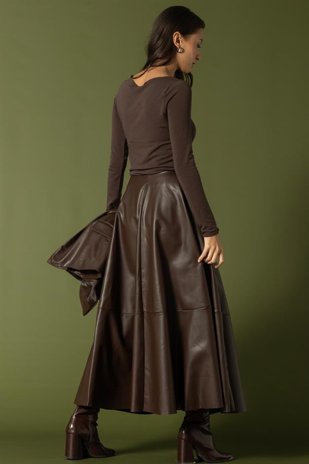 Parçalı Kloş Deri Etek KAHVE 7065