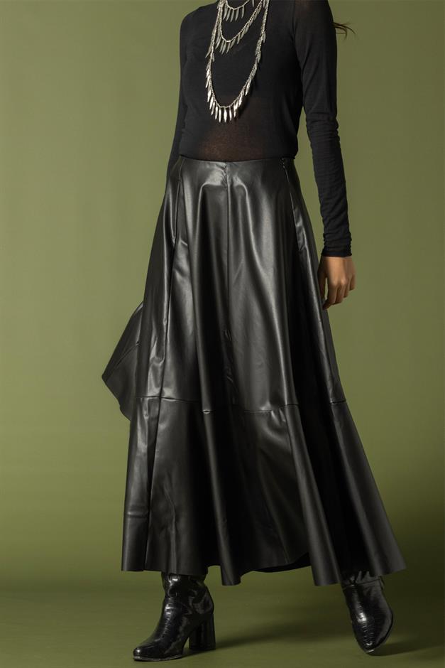 Parçalı Kloş Deri Etek SİYAH 7065