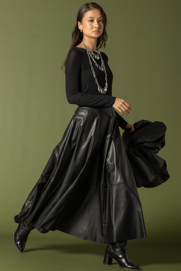 Parçalı Kloş Deri Etek SİYAH 7065