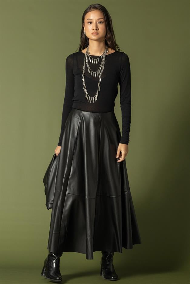 Parçalı Kloş Deri Etek SİYAH 7065